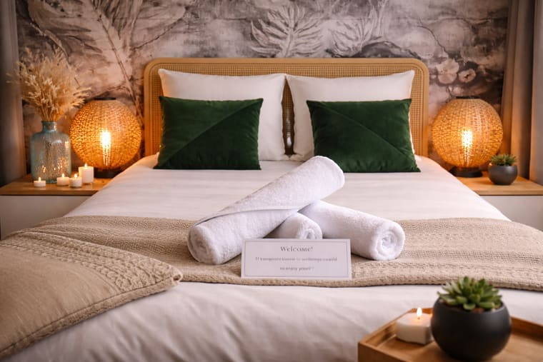 Chambre, coussins verts