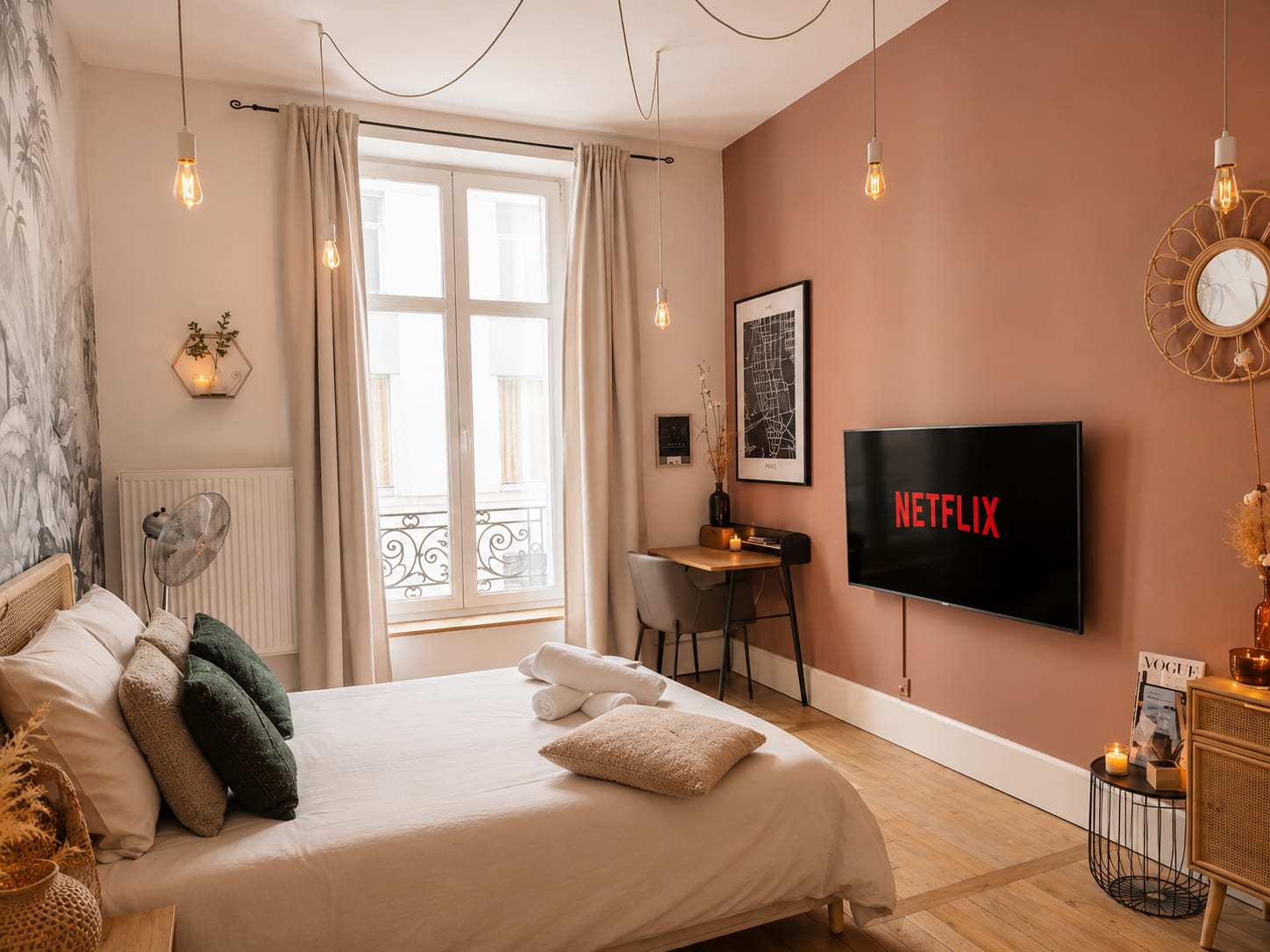 Coin TV et bureau, mur terracotta